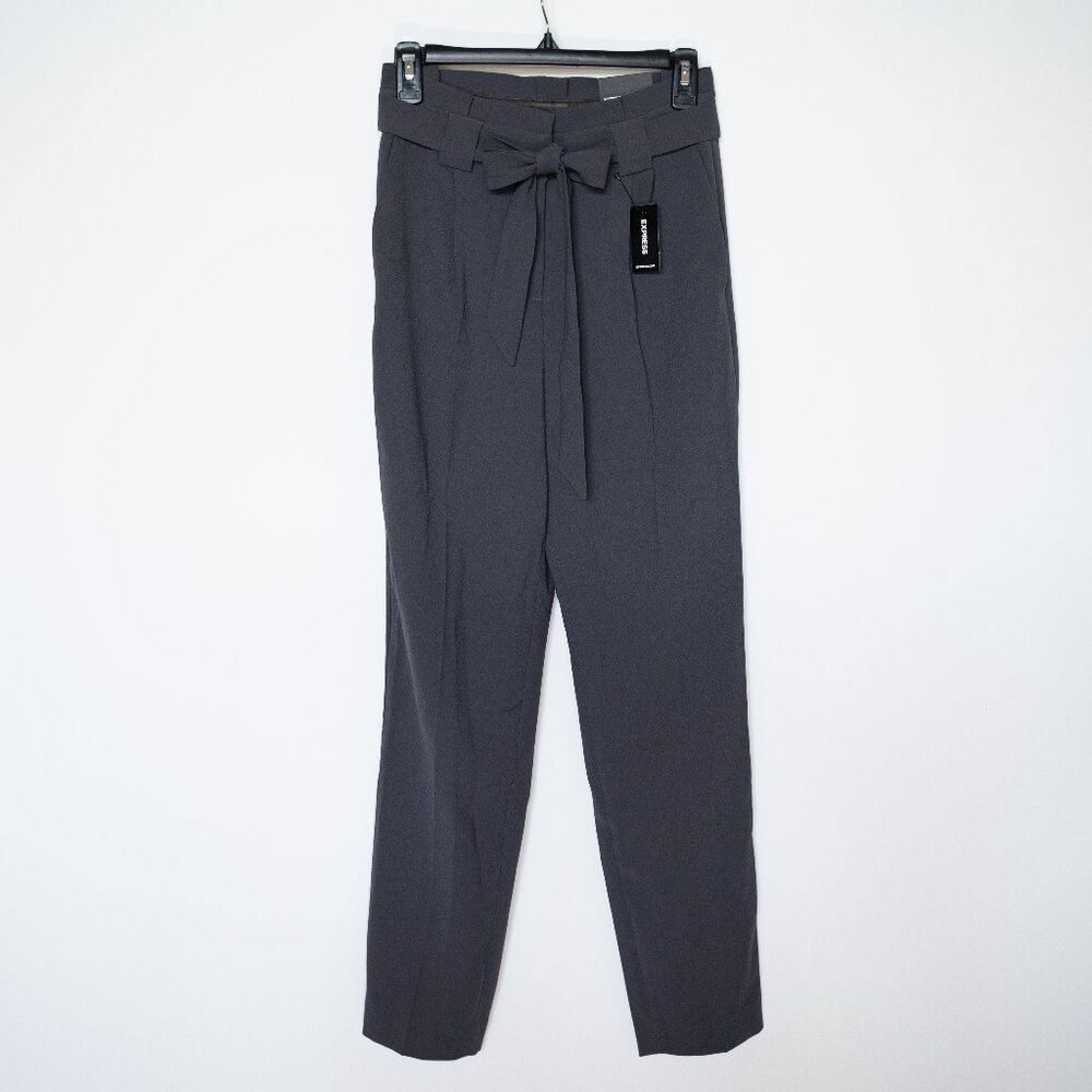 Express Gray Ankle Length Paper Bag Dress Pants Slacks with Removable Tie Belt